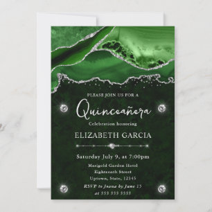 Green & Silver Glitter Agate Quinceanera Invitation