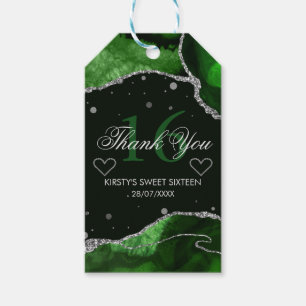 Green & Silver Glitter Agate Sweet 16 Thank You Gift Tags