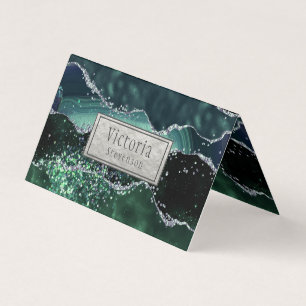 Green Silver Glitter Marble Geode Agate Folded Business Card