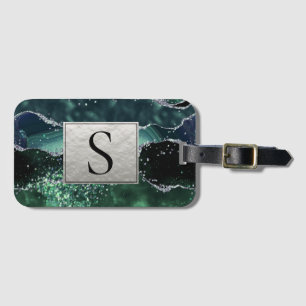 Green Silver Glitter Marble Geode Agate Monogram  Luggage Tag