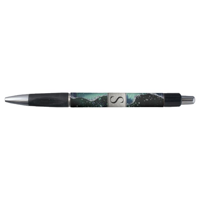 Green Silver Glitter Marble Geode Monogram Pen (Front)
