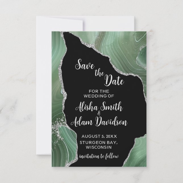 Green Silver Glitter on Black Save The Date Cards (Front)