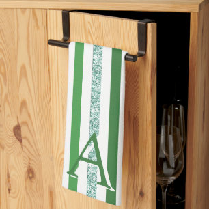 Green Silver Glitter Striped Initial Modern Trendy Kitchen Towel