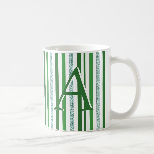 Green Silver Glitter Stripes Monogrammed Custom Coffee Mug (Right)