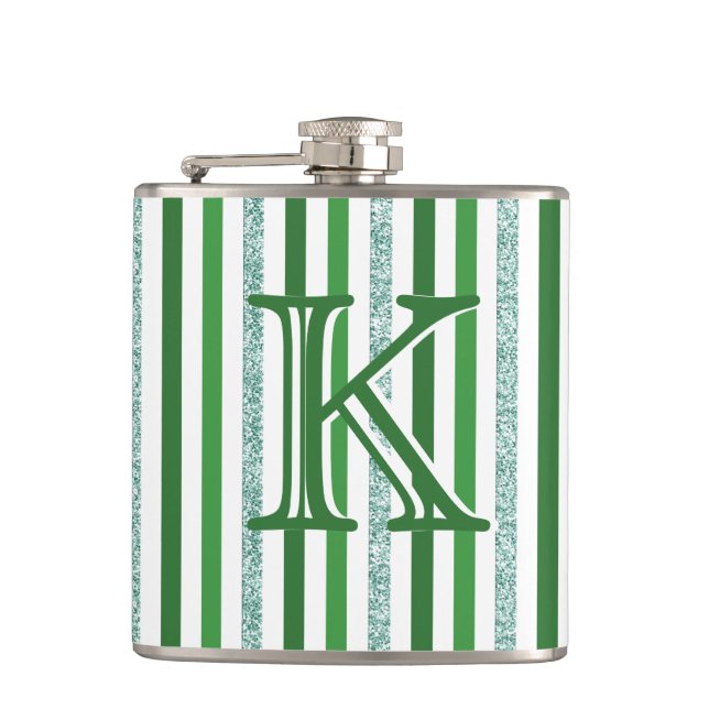 Green Silver Glitter Stripes Monogrammed Custom Hip Flask (Front)