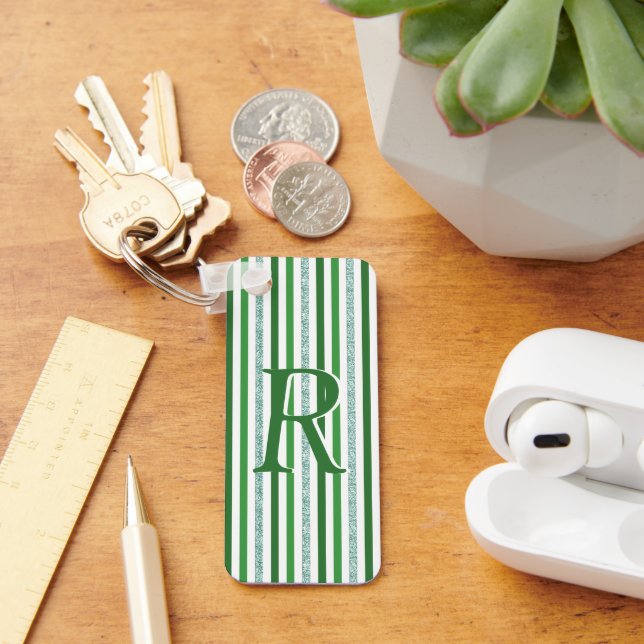 Green Silver Glitter Stripes Monogrammed Custom Keychain (Desk)