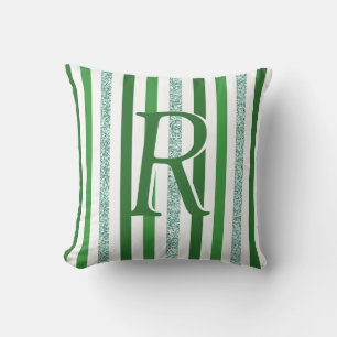 Green Silver Glitter Stripes Monogrammed Custom Throw Pillow