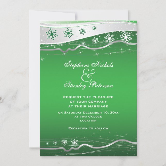 Green, silver grey snowflake winter wedding invitation (Front)
