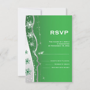 Green, silver grey snowflake winter wedding RSVP Card