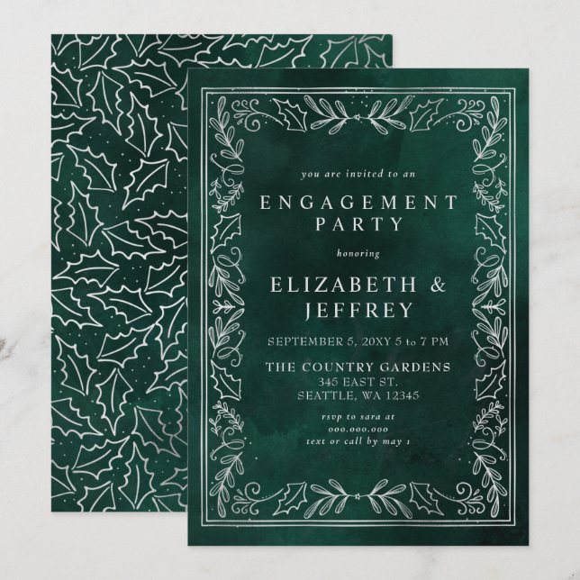 Green Silver Holly Christmas Engagement Party  Invitation (Front/Back)