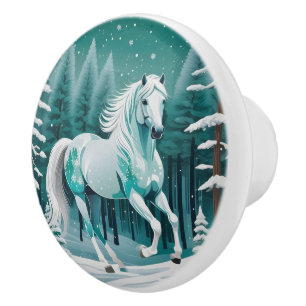 Green Silver Horse in Enchanted Forest Ceramic Knob