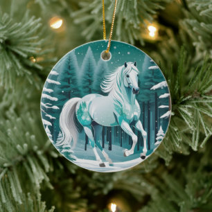 Green Silver Horse in Enchanted Forest  Ceramic Ornament