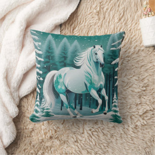 Green Silver Horse in Enchanted Forest Throw Pillow