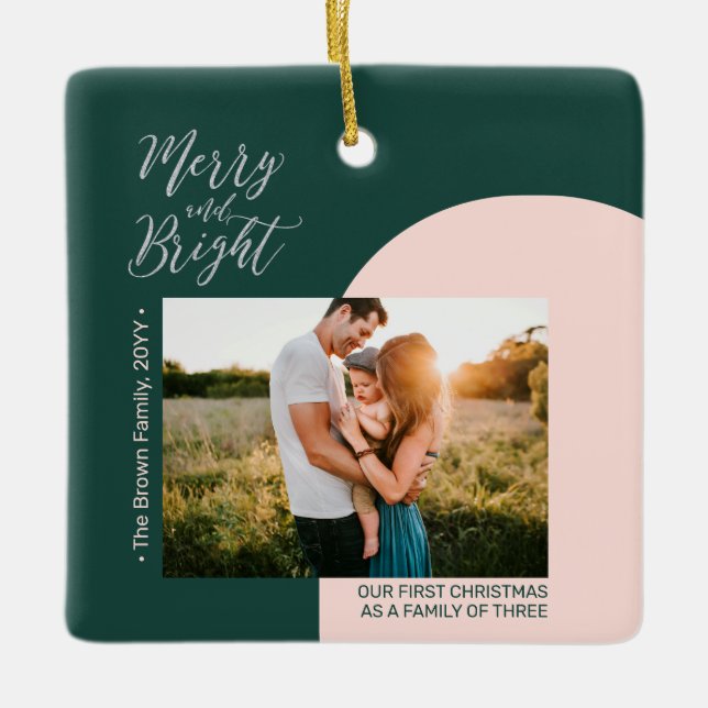 Green & Silver Modern Photo Christmas Family Ceramic Ornament (Front)