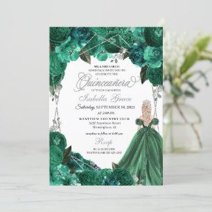 Green & Silver Princess Dress Tiara Quinceanera Invitation