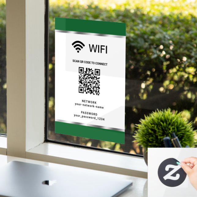 Green Silver QR Code Wifi Network and Password Window Cling (Office)