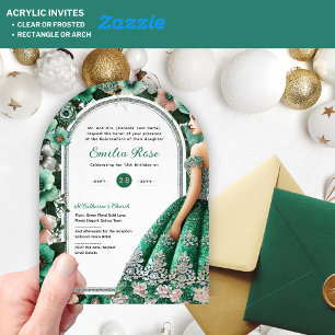Green Silver Quinceañera Emerald Dress Mis Quince Acrylic Invitations