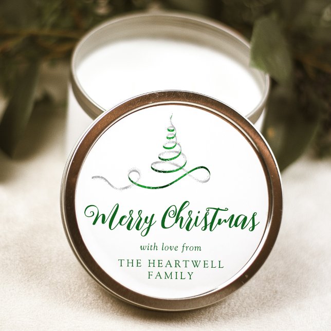 Green Silver Ribbon Tree Merry Christmas Script Classic Round Sticker (Creator Uploaded)