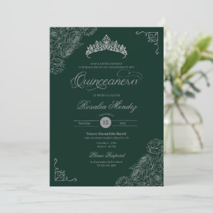 Green & Silver Roses Elegant Quinceañera Invitation