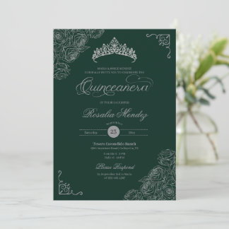 Green & Silver Roses Elegant Quinceañera  Invitation