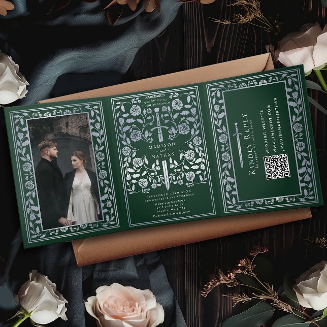 Green Silver Royal Medieval Sword Wedding QR Code Tri-Fold Invitation (Creator Uploaded)