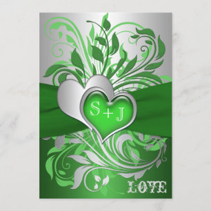 Green, Silver Scrolls, Hearts Wedding Invitation