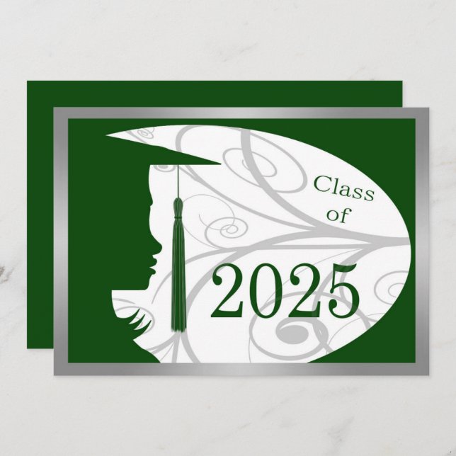 Green & Silver Silhouette 2025 Graduation Party Invitation (Front/Back)
