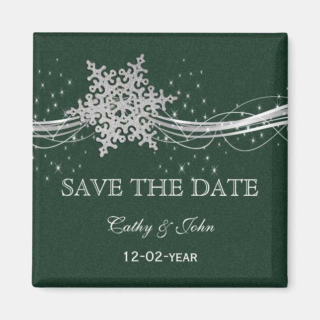 green Silver Snowflakes Winter save the Date Magnet (Front)