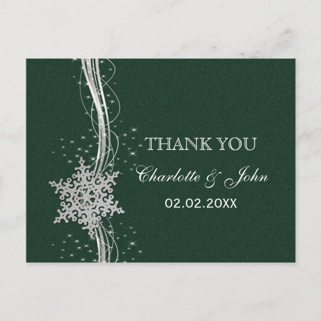 green Silver Snowflakes Winter wedding Thank You Postcard (Front)