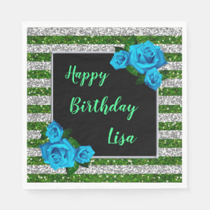 Green Silver Stripes Glitter Blue Roses Birthday Napkin