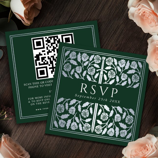 Green Silver Sword Royal Wedding RSVP QR Code Enclosure Card (Creator Uploaded)