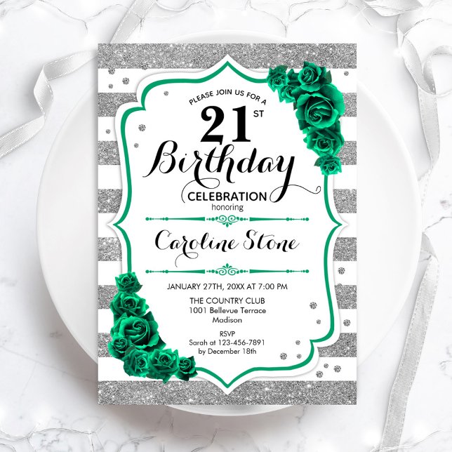 Green Silver White Stripes Roses 21st Birthday Invitation (Creator Uploaded)