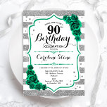 Green Silver White Stripes Roses 90th Birthday Invitation<br><div class="desc">90th Birthday Party Invitation. Elegant floral emerald green design with roses. Features faux glitter silver and white stripes and script font. Perfect for a stylish womens bday celebration. Can be customised for any age! Printed Zazzle invitations or instant download digital printable template.</div>