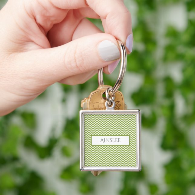 Green Simple Chevron Personalized Keychain (Hand)