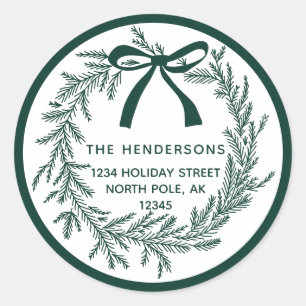 Green Simple Christmas Pine Wreath Return Address Classic Round Sticker
