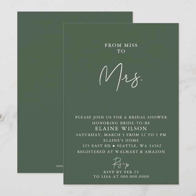 Green Simple Elegant Modern Bridal Shower  Invitation (Front/Back)