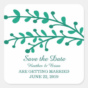 Green Simple Foliage Save the Date Square Sticker