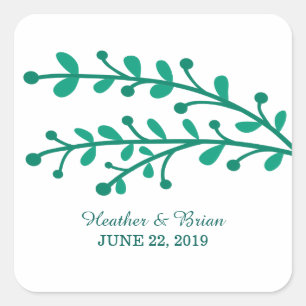 Green Simple Foliage Wedding Square Sticker