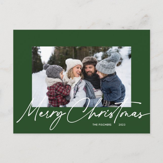 Green Simple Merry Christmas Calligraphy Photo Holiday Postcard (Front)
