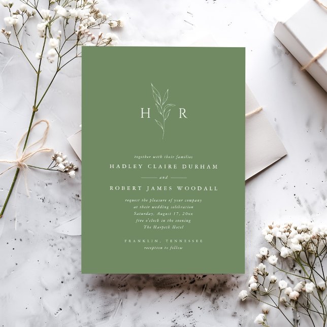 Green Simple Minimal Monogram Botanical Wedding Invitation (Creator Uploaded)