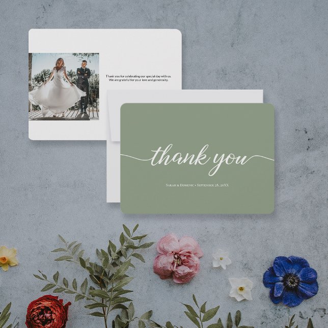 Green Simple Minimalist Wedding Thank You Card (Green Thank you Wedding card with photo.)