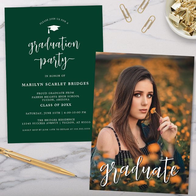 Green Simple Modern Script Graduation Invitation (simple green graduation party invitation for high school college graduate with photo for grad party)