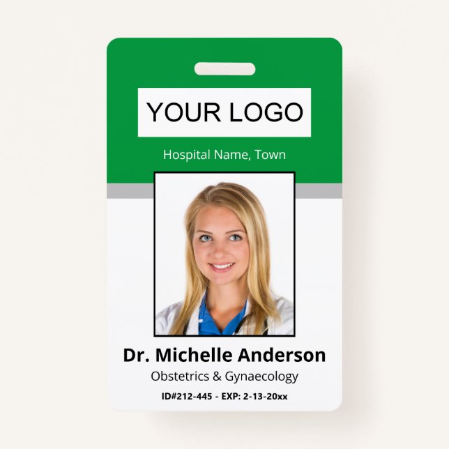 Green Simple Professional Employee Custom Photo Badge (Front)