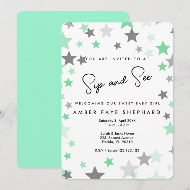 green Sip and See invite, new baby, welcome party Invitation (Front/Back)