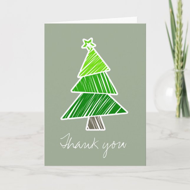 Green Sketchy Christmas Tree Thank You Card (Front)