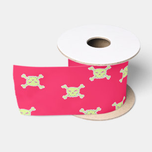 green skull and bones satin ribbon