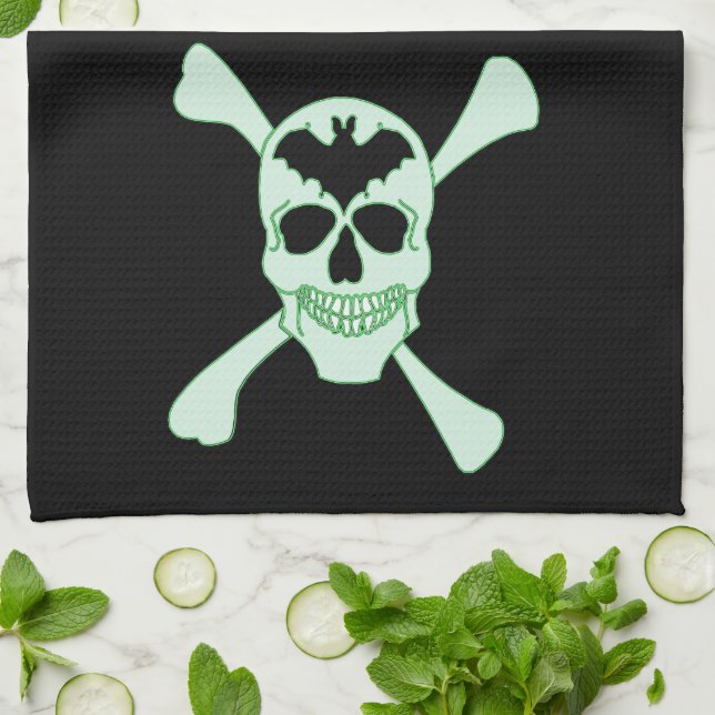 Green Skull And Crossbones Kitchen Towel (Folded)