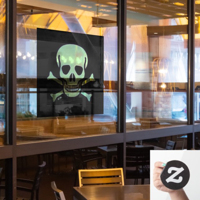 Green Skull black lg sq window cling front stick (Restaurant Window)