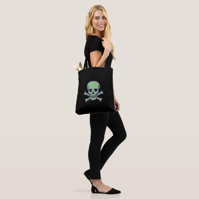 Green Skull black shoulder tote bag (On Model)