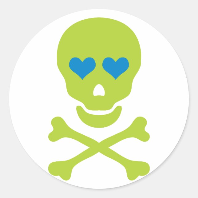 Green Skull Crossbones & Heart Eyes Classic Round Sticker (Front)